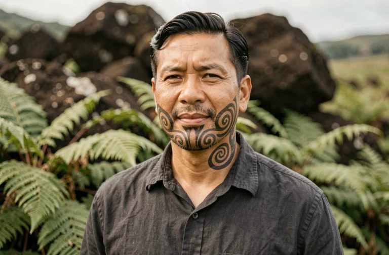 Homme polynésien portant un tatouage maori traditionnel tā moko sur le visage, en pleine nature néo-zélandaise avec fougères et roches volcaniques