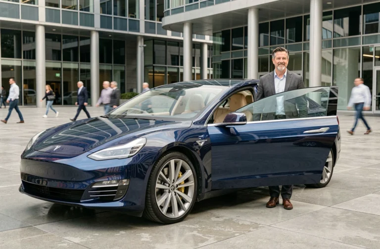 Homme en blazer charcoal debout à côté d'une berline électrique bleue dans un cadre urbain moderne, illustrant les tendances automobiles actuelles