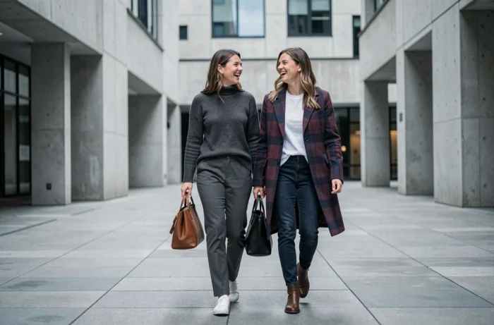 Deux femmes stylées marchant dans une place urbaine moderne, tendances mode automne hiver élégantes