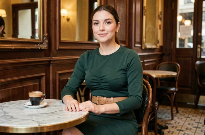 Femme en robe midi verte dans un café parisien classique, tenue mode féminine élégante au quotidien