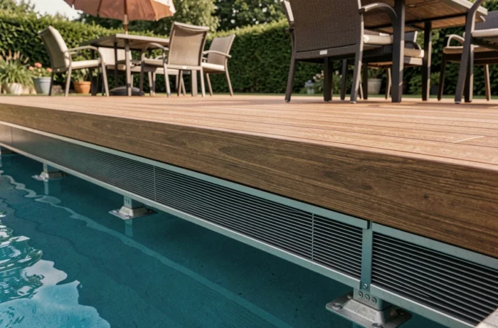 Terrasse composite surélevée en lames bois ton noyer avec structure aluminium ventilée et mobilier de jardin au bord de la piscine