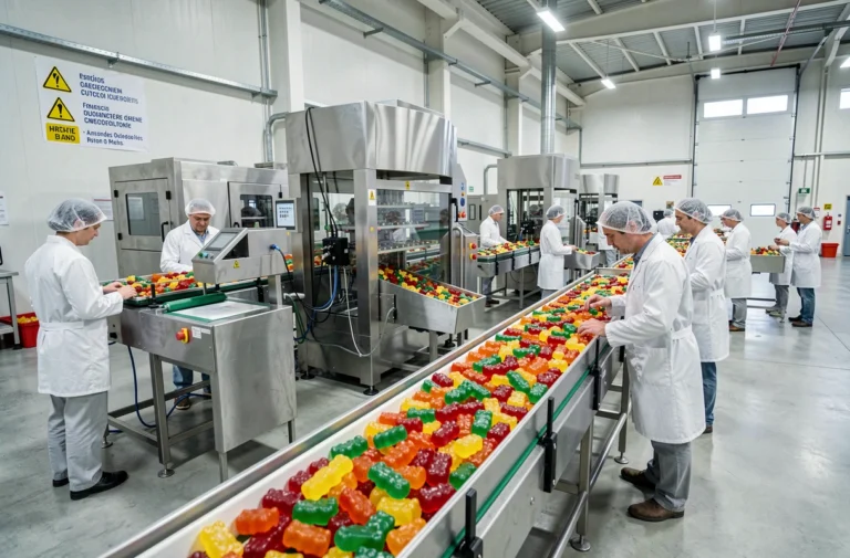 Ligne de production industrielle d'une usine de bonbons Haribo en France avec des oursons en gélatine colorés sur un tapis roulant